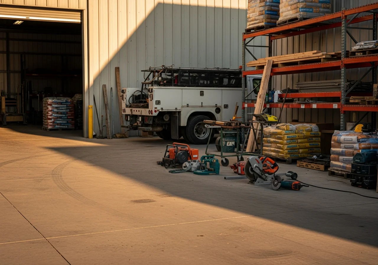 Construction crew and tools on an active job site, showcasing professional equipment and materials ready for work.