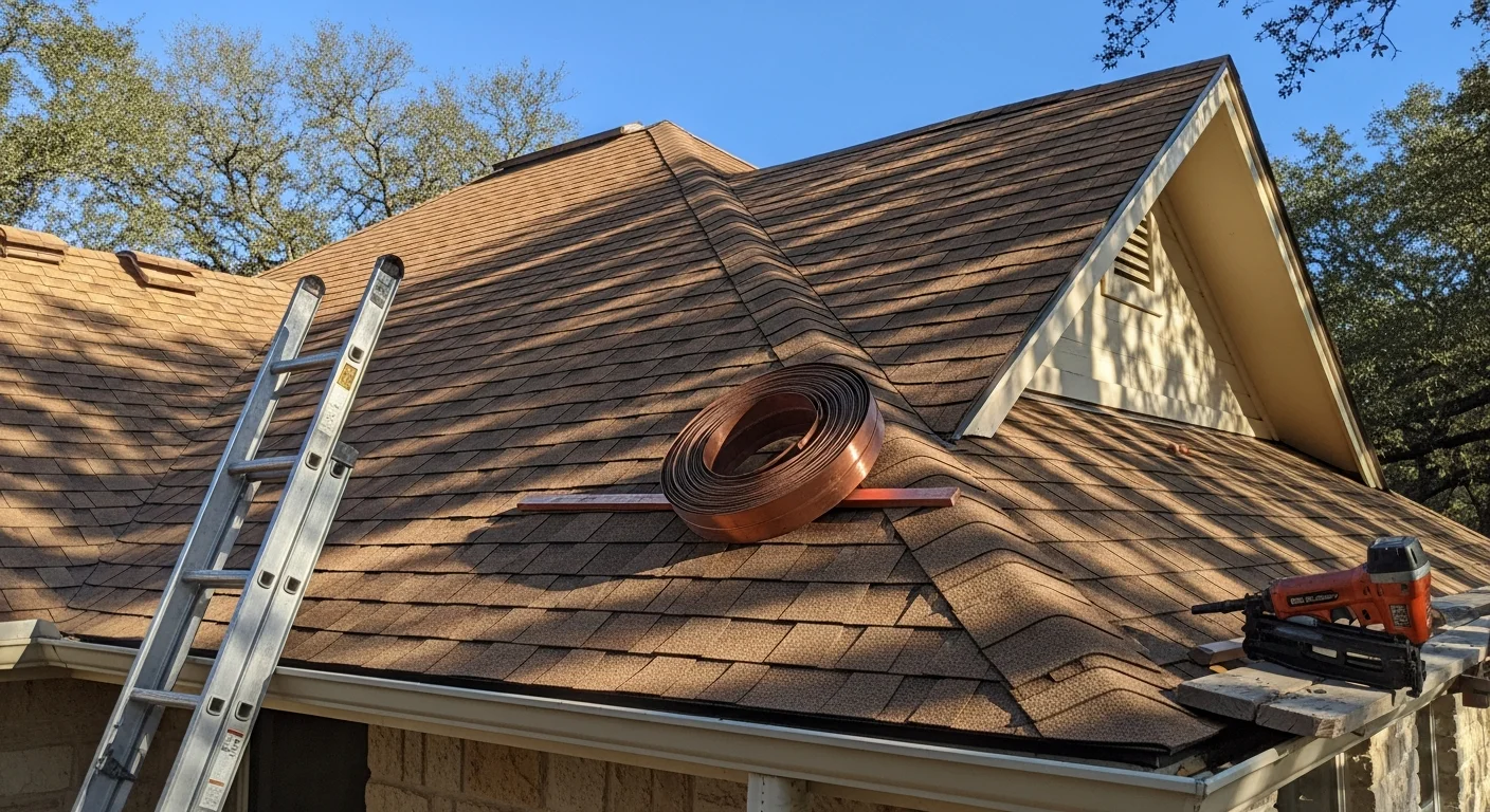 Roofing contractor installing new roof on residential home