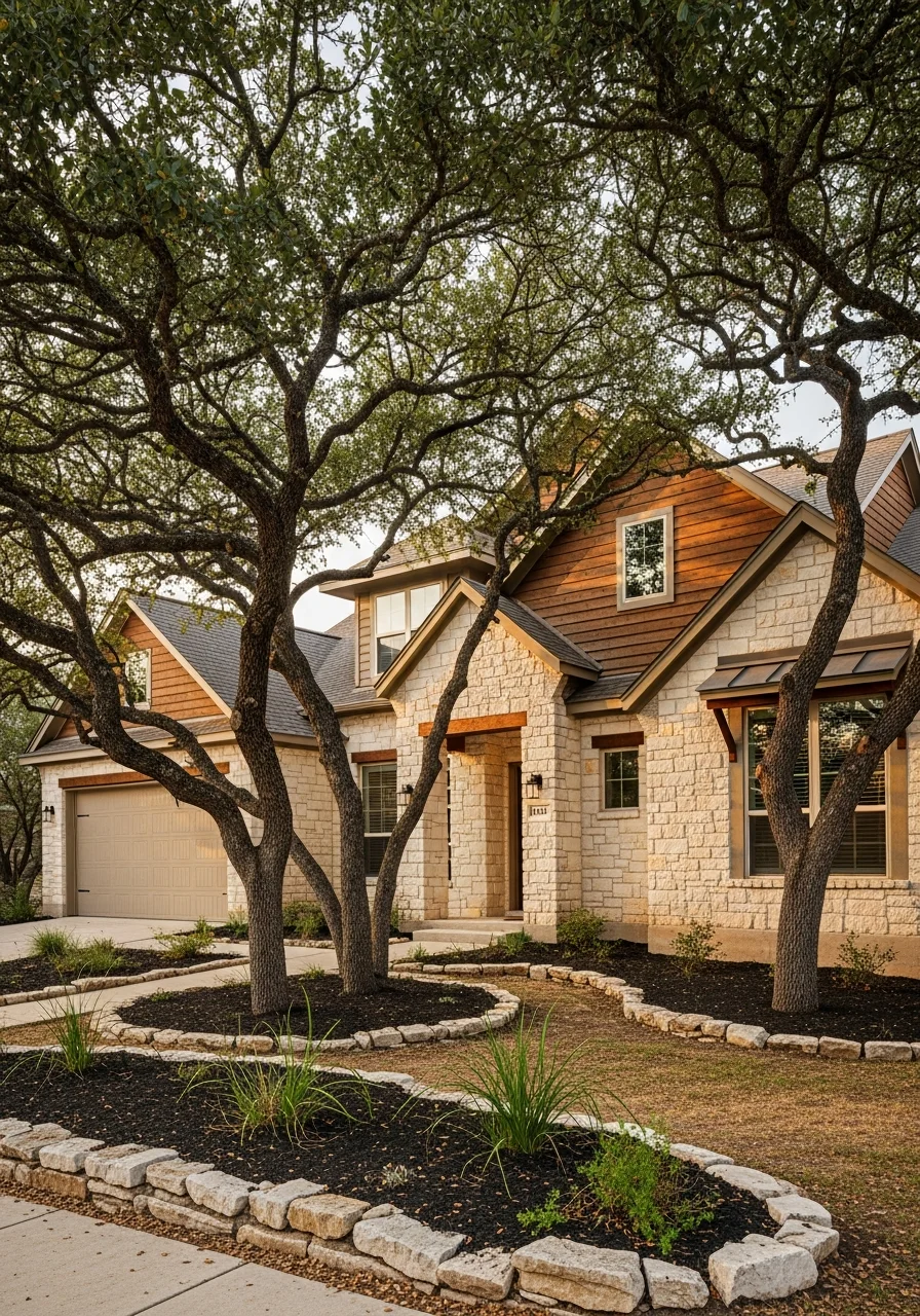 Close-up of a residential home in an Austin neighborhood with mature trees and native landscaping.