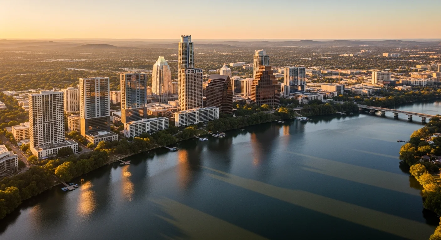 Aerial view of downtown Austin skyline with Lady Bird Lake and surrounding neighborhoods at sunset.