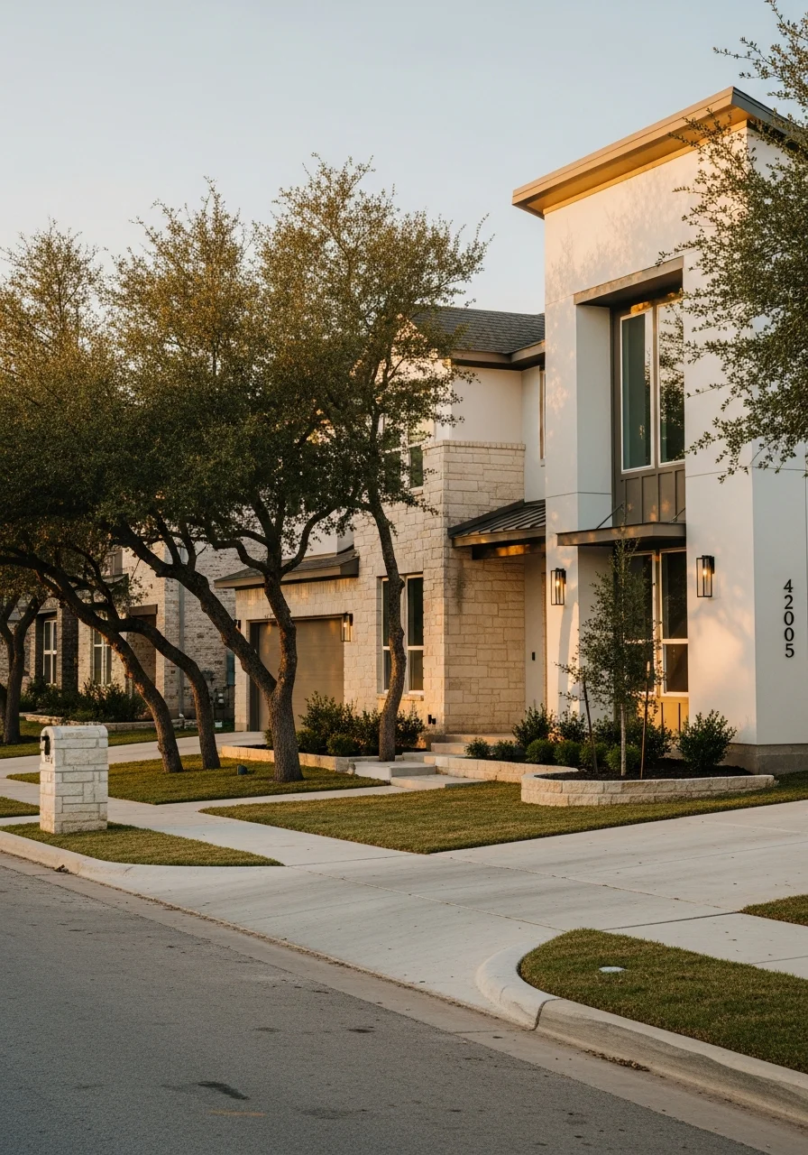 A contemporary home in Hutto with modern design, clean lines, and manicured front yard.
