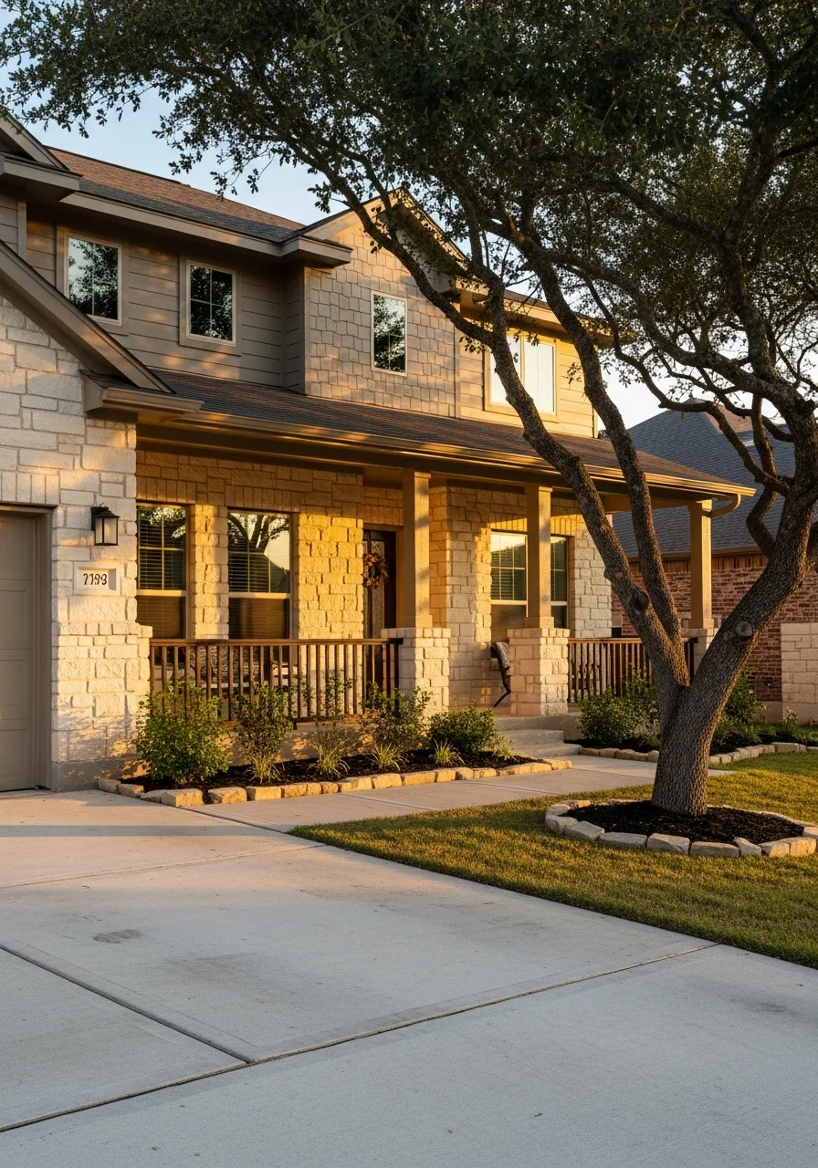 A well-built home in Leander with a front porch, mature landscaping, and welcoming entrance.