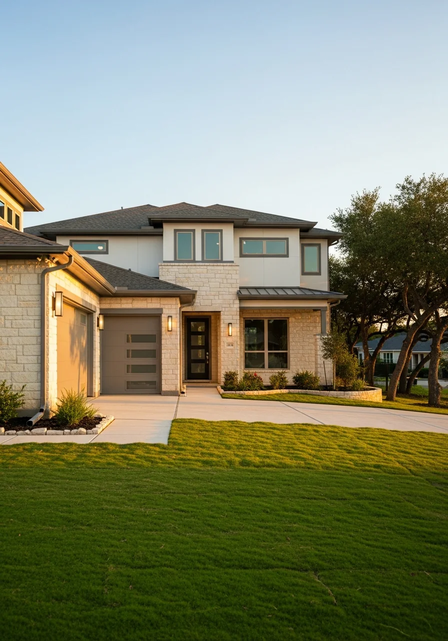 A contemporary home in a Round Rock neighborhood with a two-car garage and manicured lawn.