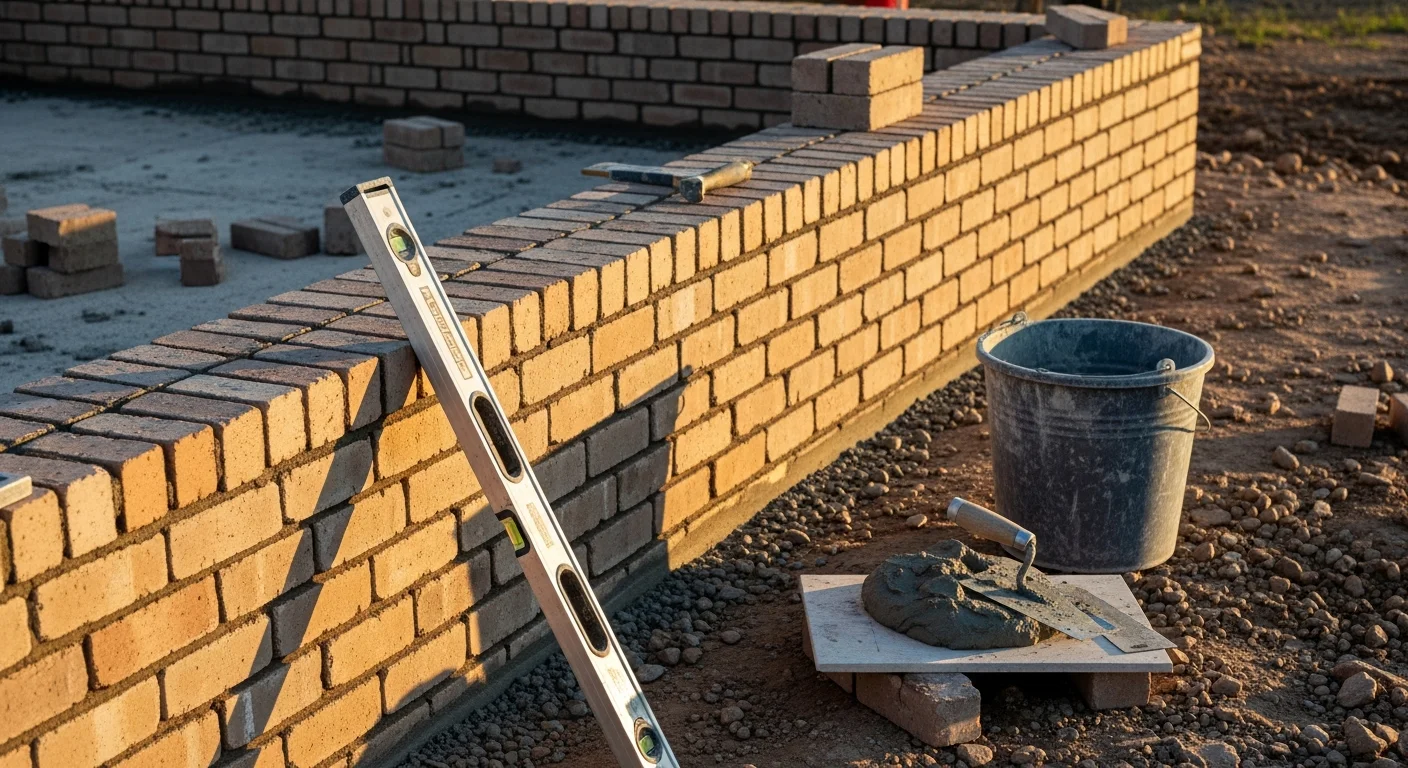 Freshly installed brick wall on an Austin residential property with level coursework and clean mortar joints. The brick feature sits along a landscaped yard edge under a clear Central Texas sky.