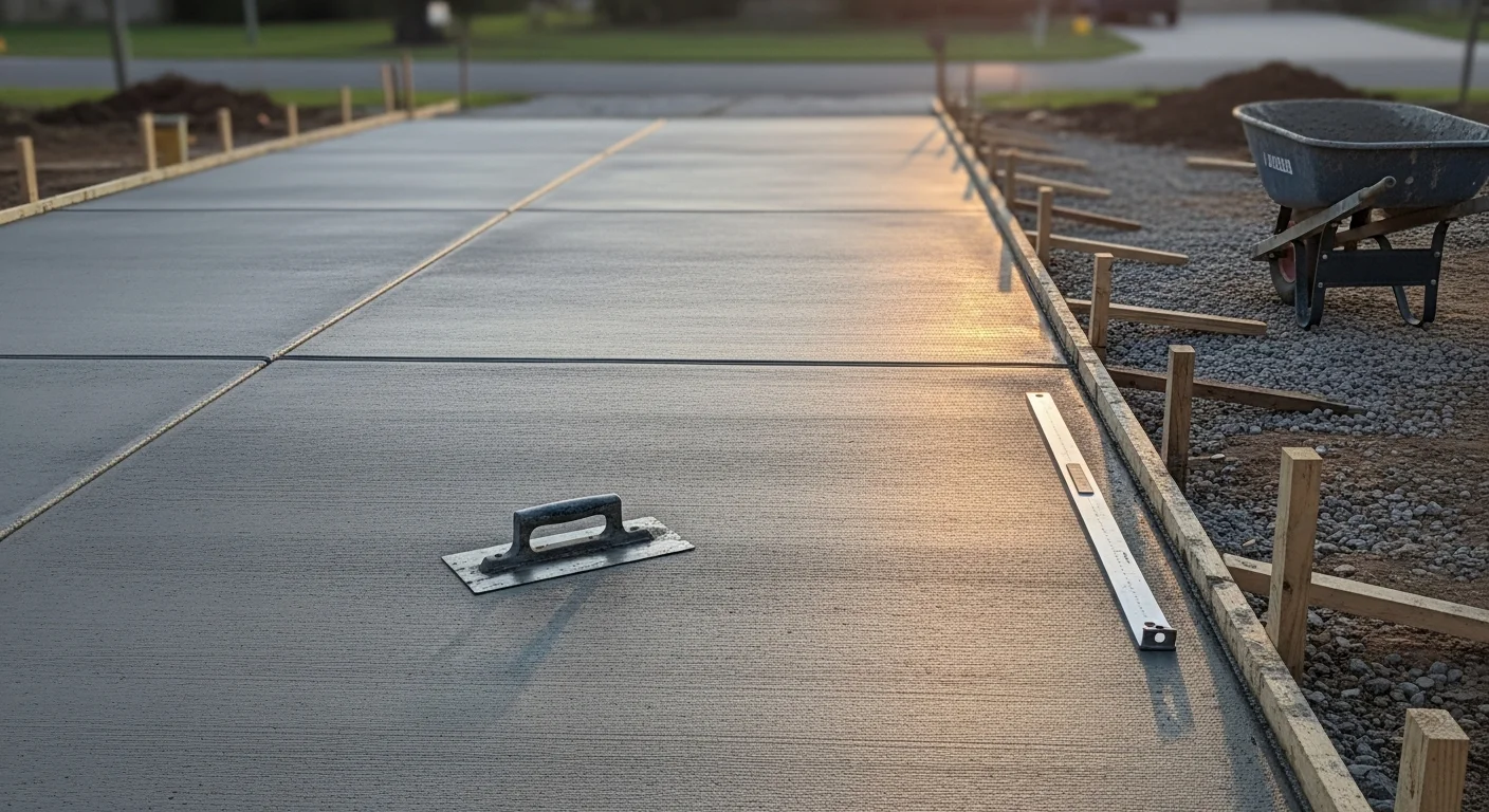Freshly poured and finished concrete driveway slab at a residential property in Austin, Texas. The surface shows clean control joint lines and a smooth broom finish suited for Central Texas clay soil conditions.