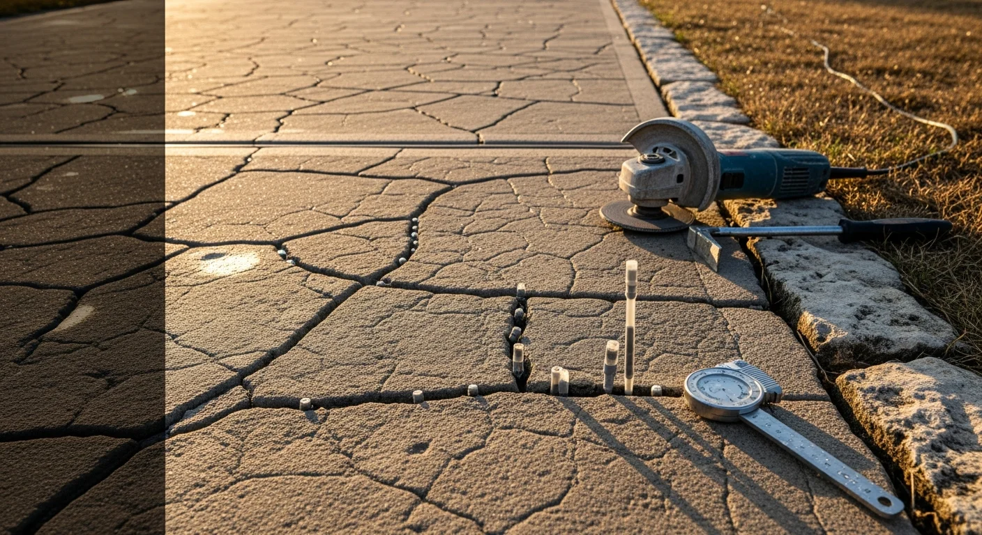 A repaired concrete driveway slab in an Austin residential neighborhood, showing a smooth, level surface with sealed cracks and no visible settling or displacement. The surrounding yard reflects the dry, sun-exposed conditions common across Central Texas properties.