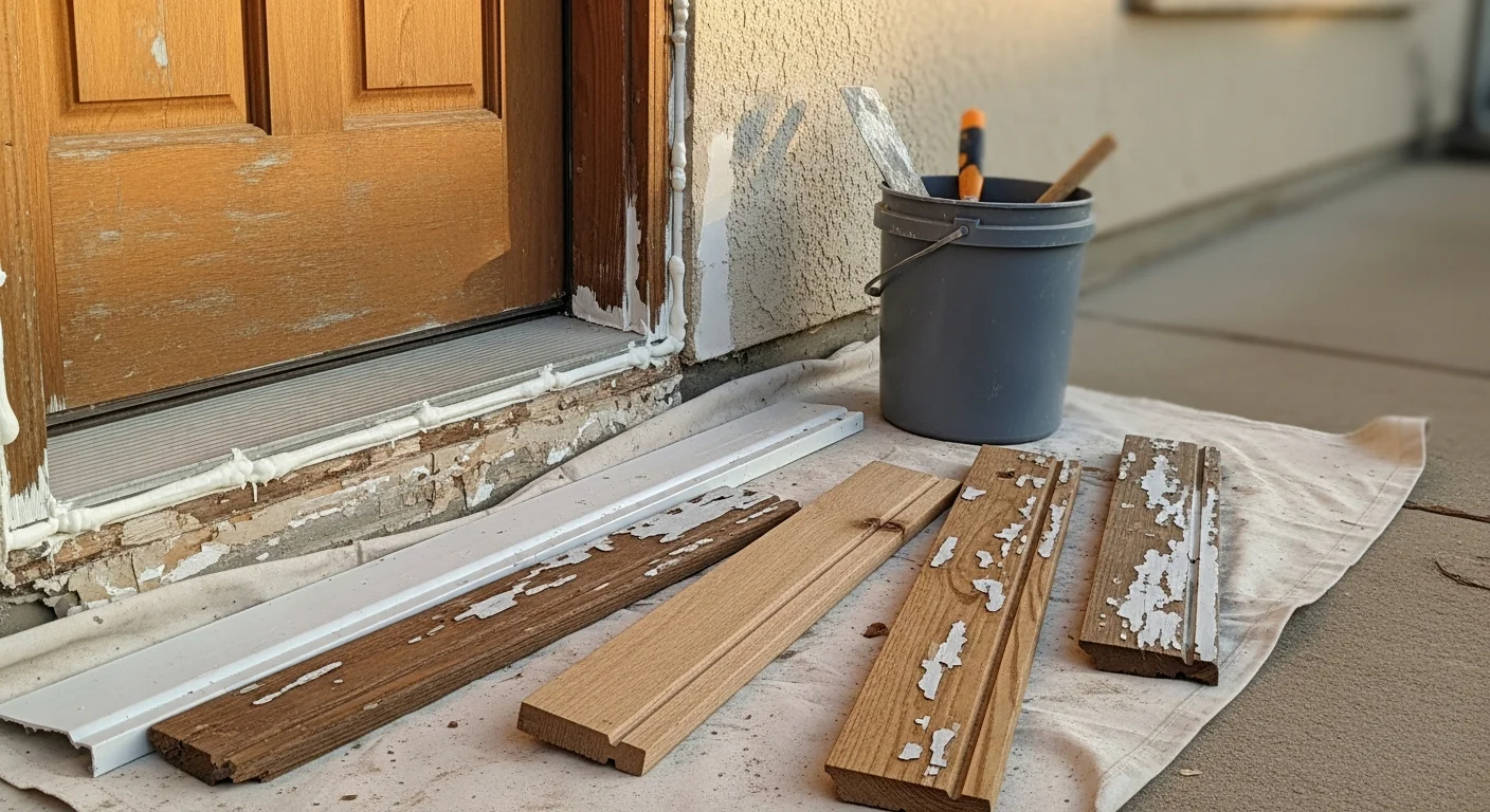 A repaired exterior wood trim and door frame on a single-family home in Austin, TX, showing clean finished surfaces after general contractor repair work. The surrounding siding is intact with no visible cracking or rot.