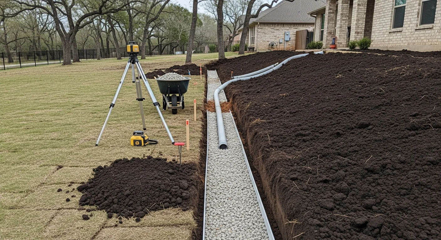 A regraded Austin residential backyard with a newly shaped slope directing water away from the home's foundation toward a drainage outlet. The surrounding lawn shows corrected grade lines and cleared low spots typical of Central Texas clay soil properties.