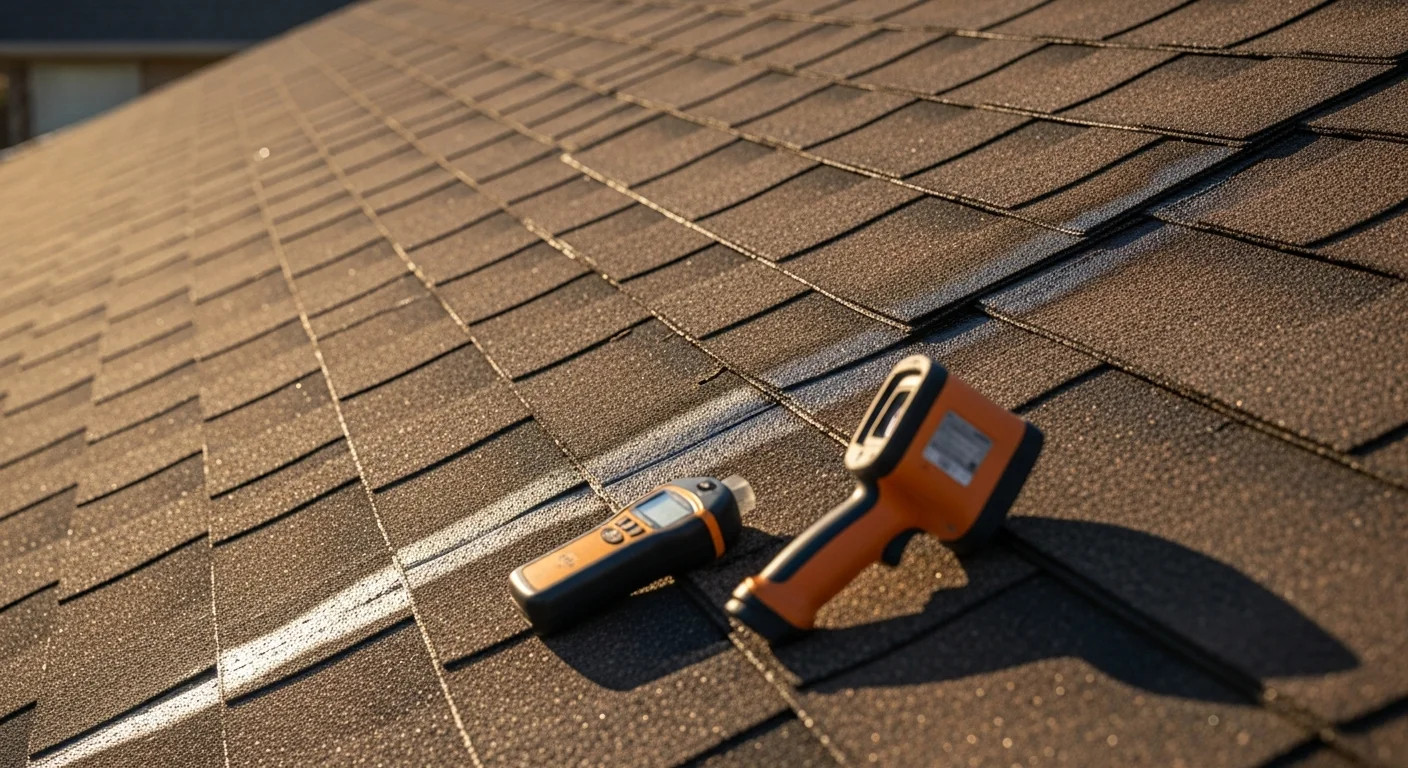 A roofing contractor inspecting damaged flashing and lifted shingles on a residential roof in Austin, Texas after a hail and wind storm. Close-up view shows a repaired pipe boot and sealed roof penetration on a steep-slope shingle roof.