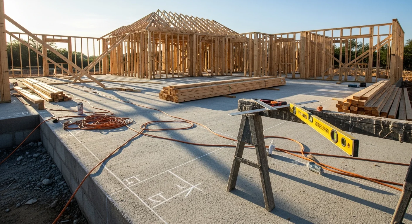 A newly framed single-family home under construction on a residential lot in Austin, Texas, with exposed wood framing and a clear blue sky overhead. A general contractor reviews structural plans on site during the framing phase of a new construction build.