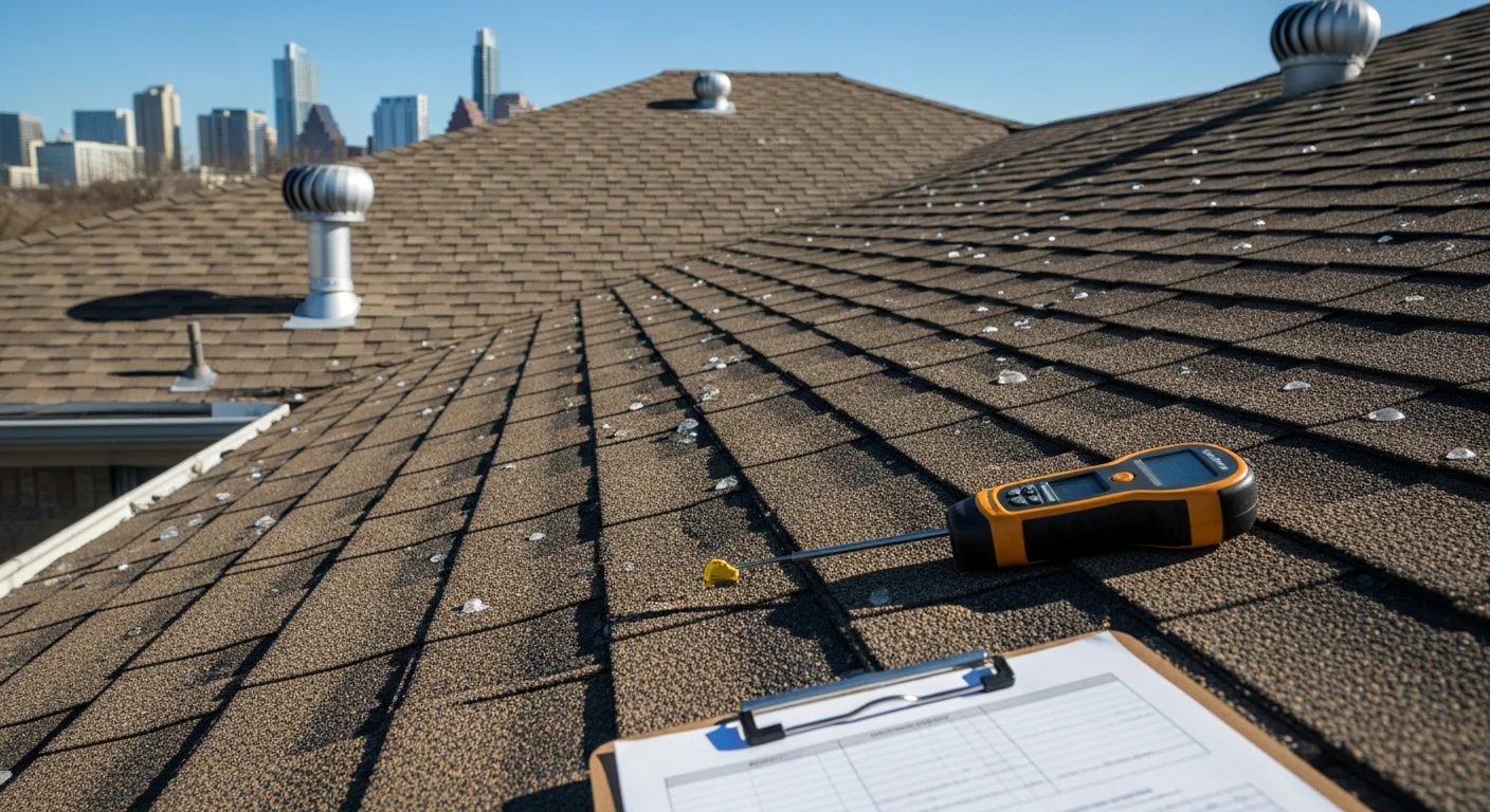 A roofing contractor from EFS Construction LLC inspecting shingles and flashing on a residential roof in Austin, Texas. Close-up view shows granule loss and impact marks consistent with Central Texas hail damage.