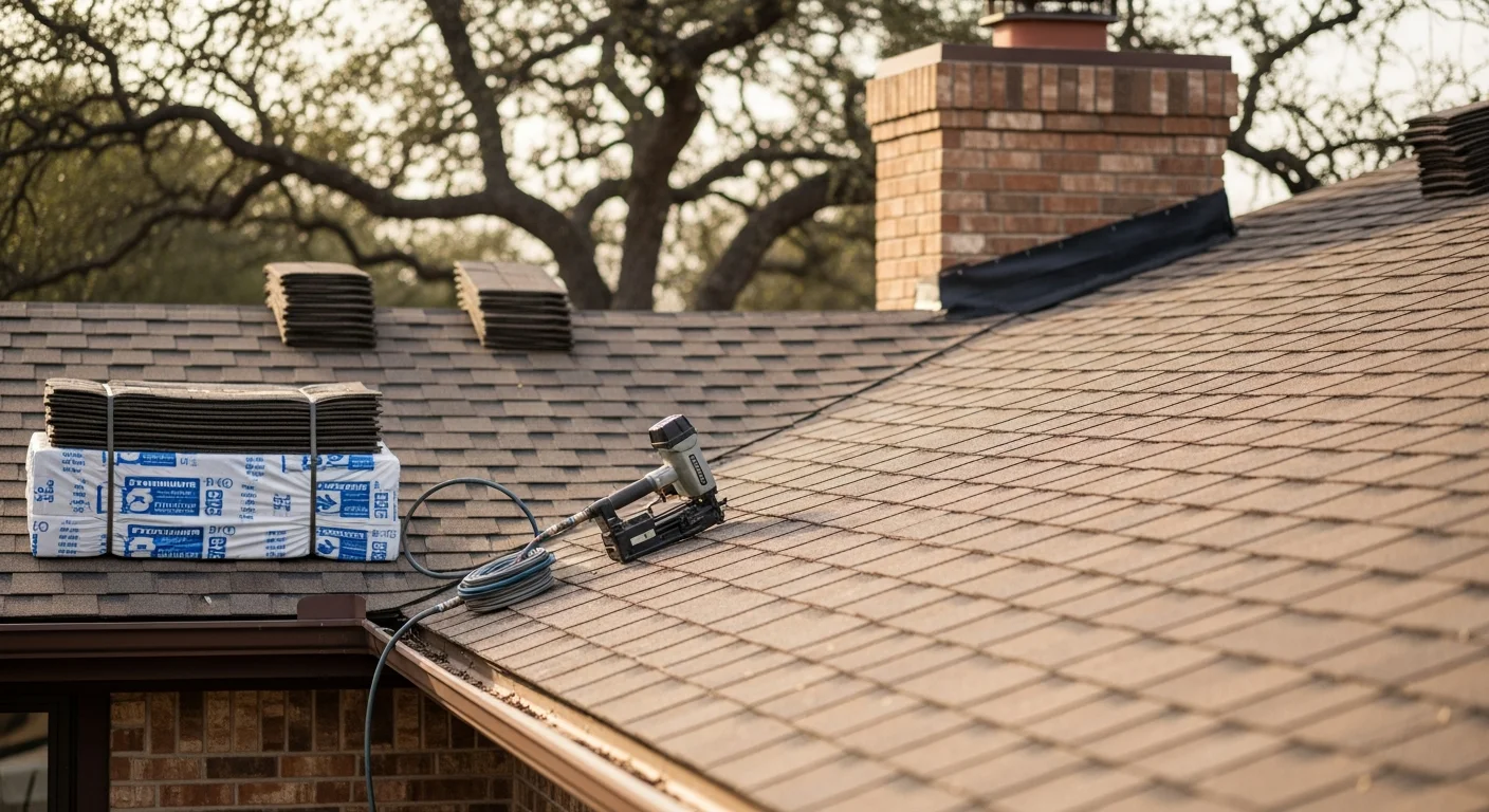 A completed residential roof installation on a single-family home in Austin, Texas, showing new roofing material, clean ridge lines, and properly finished flashing along the edges. The home sits under a clear Central Texas sky with no visible damage or exposed decking.