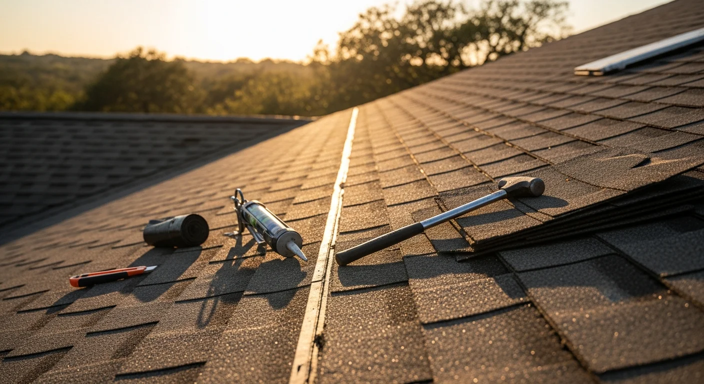 A repaired residential roof in Austin, Texas showing replaced shingles and sealed flashing on a single-story home after storm damage. The repair blends with the surrounding roof surface under bright Central Texas sunlight.
