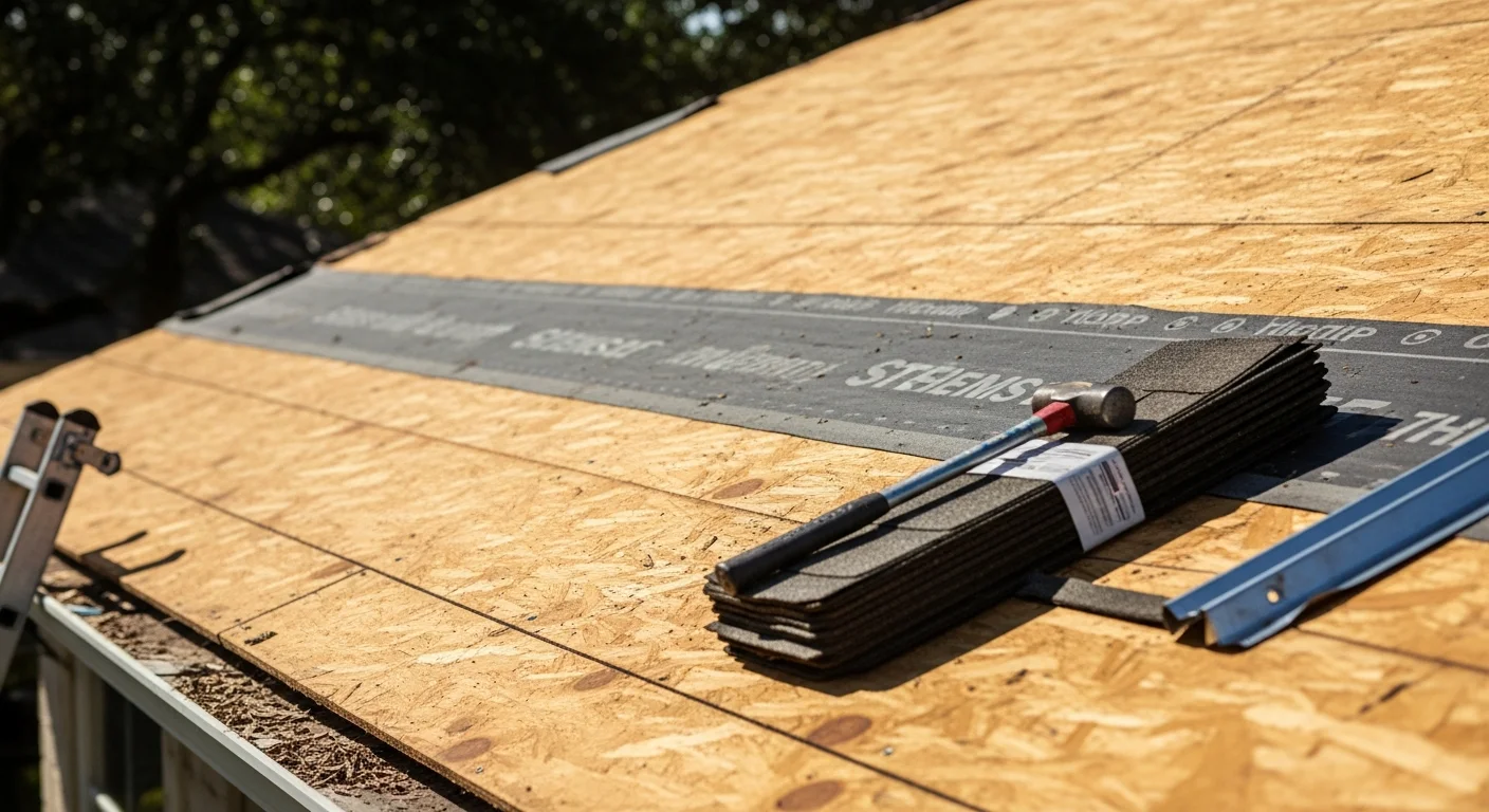 A completed residential roof replacement on an Austin, Texas home, showing new shingles installed across the full slope with clean ridge lines and finished flashing at the edges. The surrounding Central Texas landscape is visible in the background.