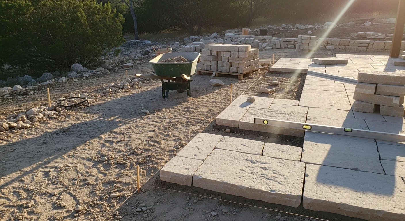 Completed natural stone patio and retaining wall installation at an Austin, Texas residential property. Stone is set on a prepared base with visible clean mortar joints and a level surface suited to the sloped Central Texas terrain.