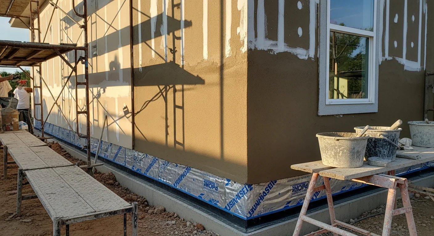 Freshly installed stucco exterior on a single-family home in Austin, Texas, showing a smooth finish coat on the front-facing wall. The surface is even and unpainted, with visible wall corners and trim edges in a residential neighborhood setting.