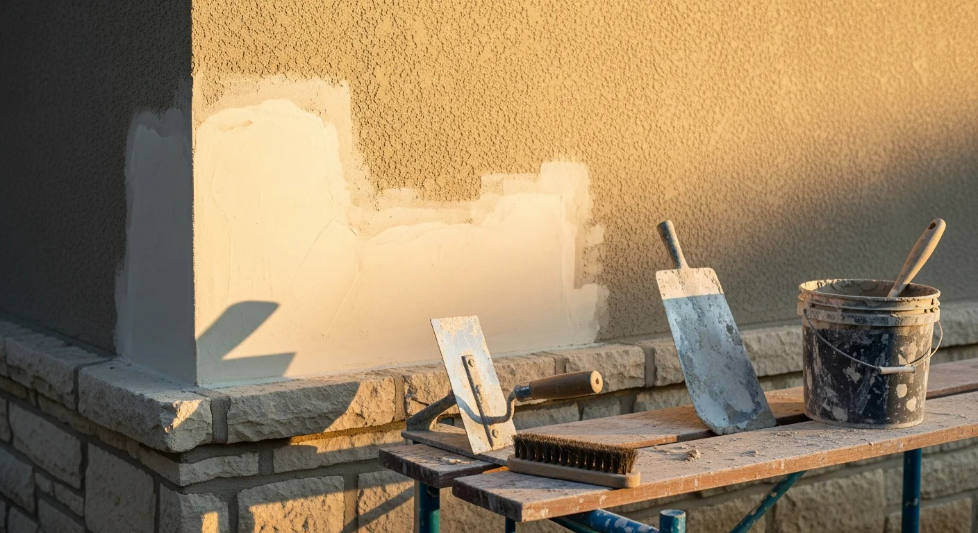 Close-up of a repaired stucco exterior wall on an Austin residential home, showing a smooth, color-matched finish alongside the original textured surface. A sole proprietor contractor applies finishing work to a patched section of exterior stucco in a Central Texas neighborhood.
