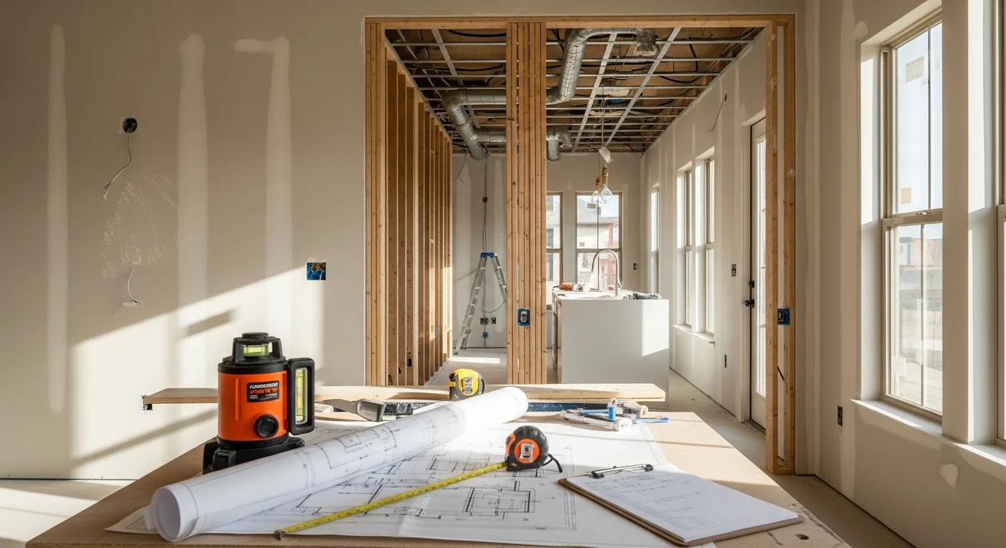 Interior of a remodeled Austin home showing an open-concept living and kitchen area with updated flooring and modern fixtures. Work completed by EFS Construction LLC, a general contractor serving Austin, TX.